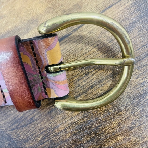 Fossil Womens Size L Brown Leather Links Painted Florals Studded Belt - Picture 9 of 10